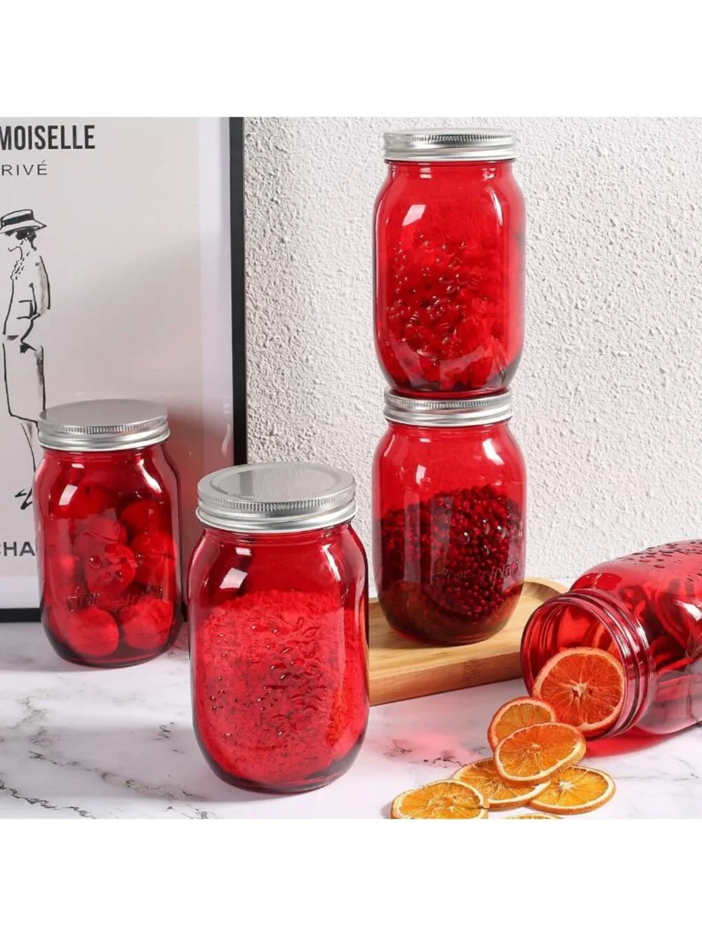 32oz Red Mason Jars (6 Pack) - Wide Mouth Quart for Canning, Storage, Pickling